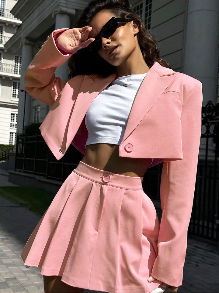 Bộ vest blazer dáng ngắn cổ ve áo kèm chân váy siêu ngắn dài tay — Màu hồng, Màu hồng nhạt, Màu đen, Tất cả các màu đều có trong kho, size L trọng lượng: 670g chi tiết 43