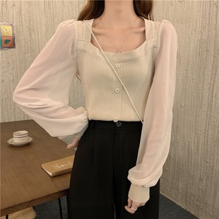 Foreign trade white square collar sweater 2023 early spring new women's clothing design sense niche short top bubble sleeve