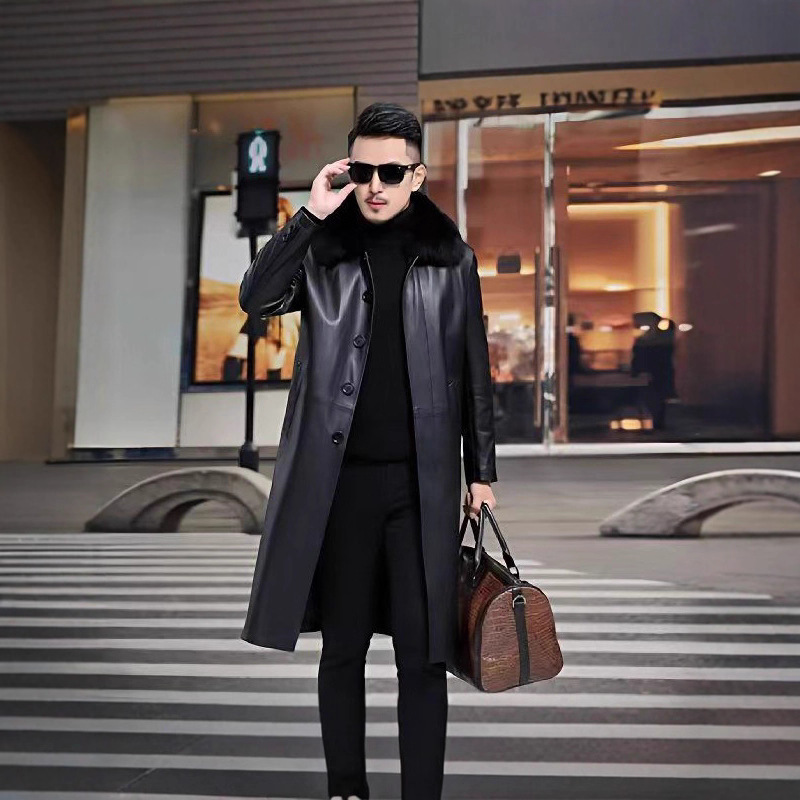 Middle-Aged and Elderly Men's Long Over-The-Knee Leather Windbreaker Men's Velvet Thickeneded Warm Leather Jacket Dad Winter Fashion Leather Jacket
