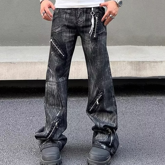 Men's Retro Distressed Flared Jeans High Street Style Loose Fit Zipper Design Cool And Edgy Long Pants_mkmklike.com