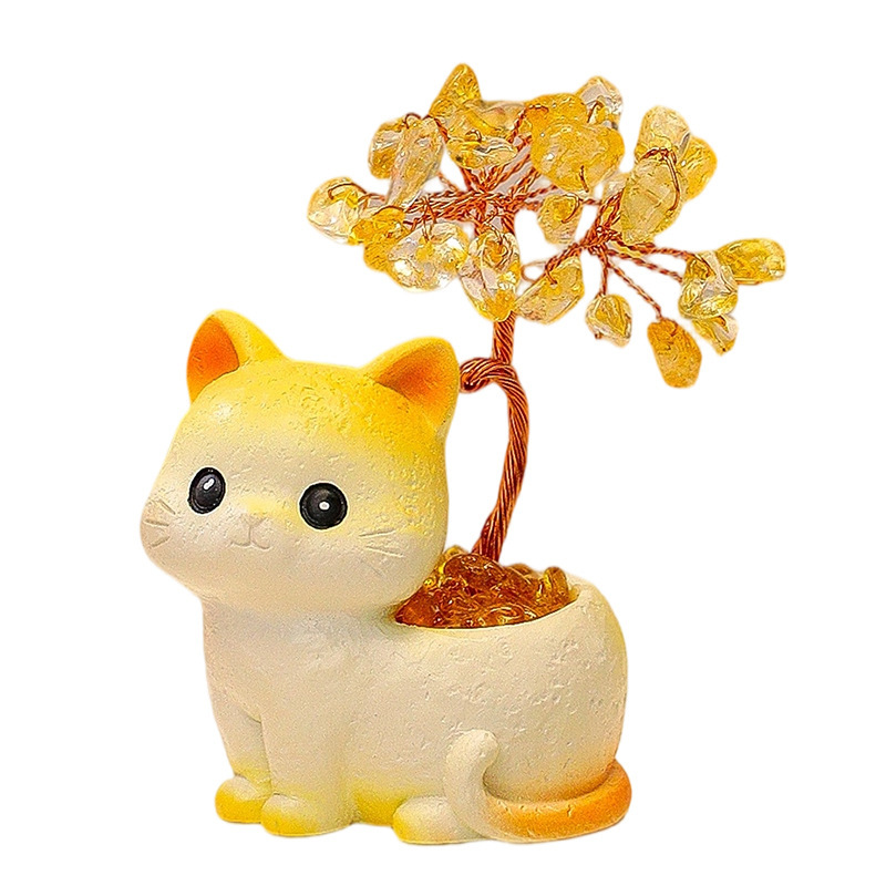 创意卡通小猫黄水晶发财树摆件可爱小动物办公室桌面治愈系装饰品|undefined