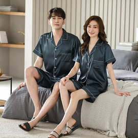 韩雅彤 夏季情侣睡衣 仿真丝绸短袖短裤套装薄款男女士家居服5075