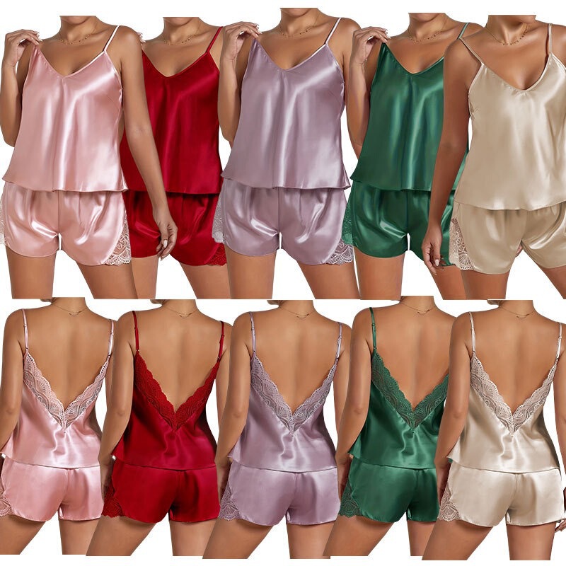Cross-border ladies pajamas plus size 2025 new ice silk short suspenders shorts thin women pajamas suit Amazon wholesale