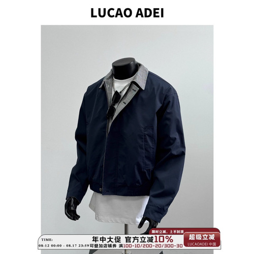 2025 autumn new style American contrast color checked lapel work minimalist loose casual navy blue jacket outer men