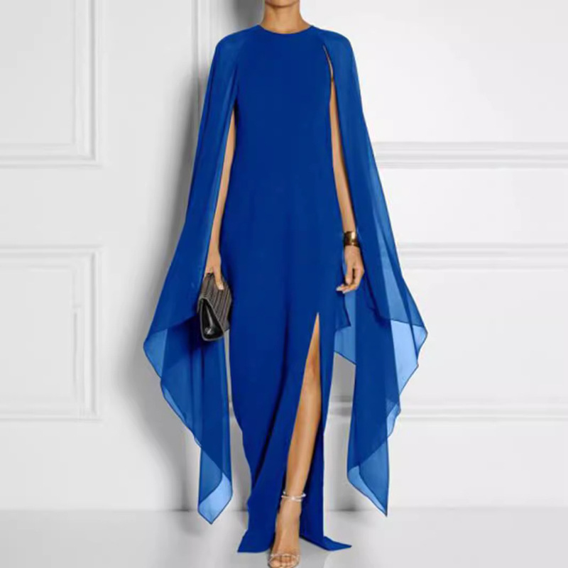 European and American Cross-Border Chiffon Dress Export Fashion Pure Color Shawl Slit Asymmetrical Dress Long Skirt