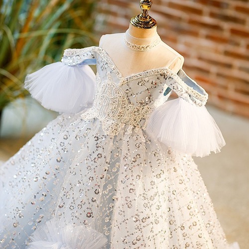 Bridegroom's wedding dress high-end show luxury heavy hand-made host piano performance dress train girl's dress princess skirt 