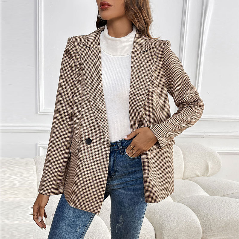 European and American cross-border 2026 autumn and winter new hot-selling vintage commuter style loose long-sleeve houndstooth blazer for women European and American cross-border 2026 autumn and winter new hot-selling vintage commuter style loose long-sleeve houndstooth blazer for women