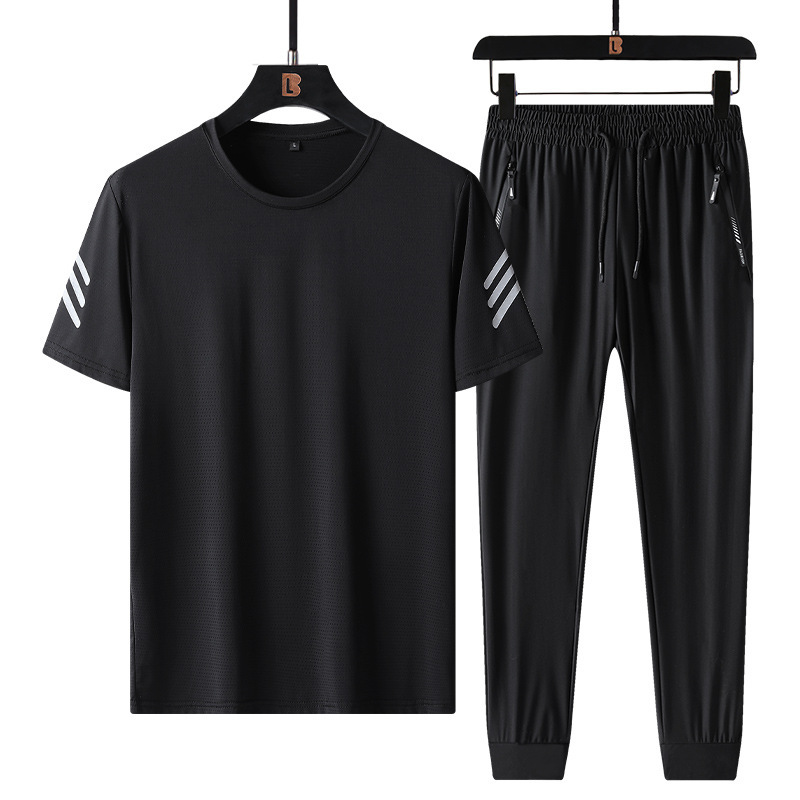 Summer Casual Plus-Size Suit, Thin and Loose Two-Piece Set for Men, Stylish Ice Silk Pants, Short-Sleeved T-Shirt and Long Pants