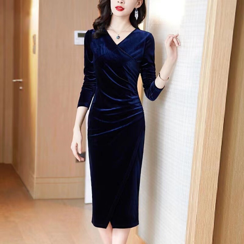 Blue gold velvet dress autumn and winter 2023 new long sleeve V-neck wrap hip skirt waist elegant dress skirt