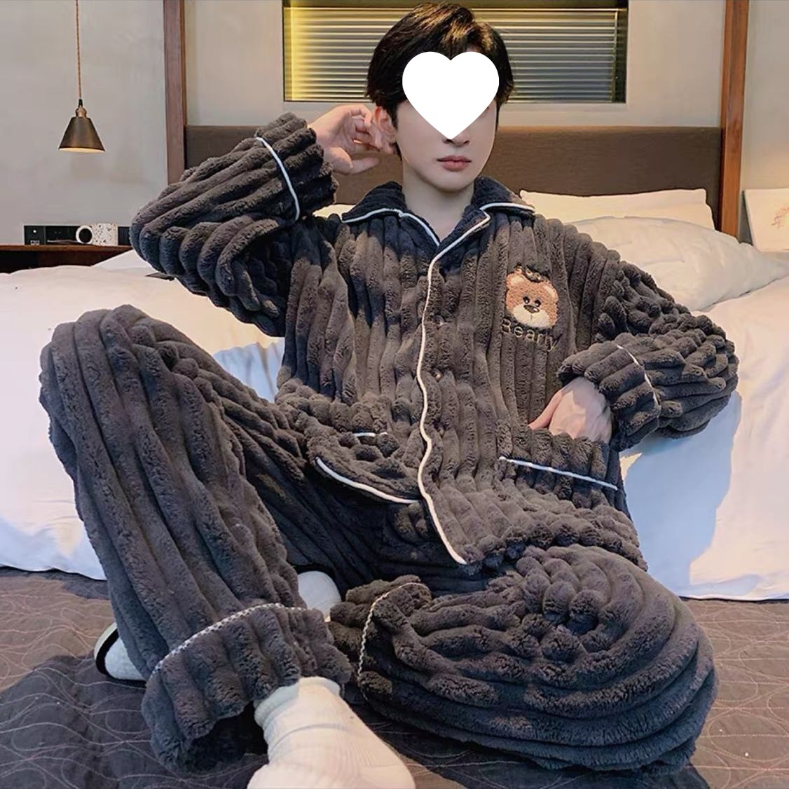 J7H Coral Velvet Pajamas Men's Autumn and Winter New Long-Sleeved Thickeneded Fleece-Lined Men's Large Size Flannel Home Clothes