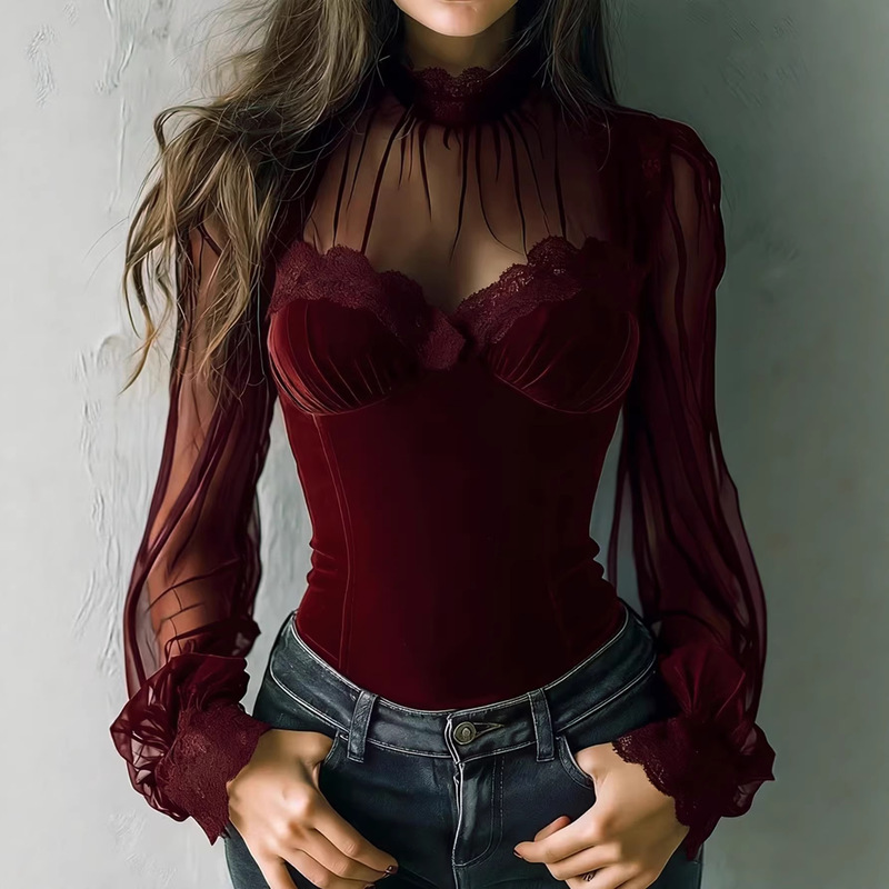 Cross-Border Women's Tight-Fitting T-Shirt Amazon Casual Sexy Lace Transparent Sleeve Lace Top