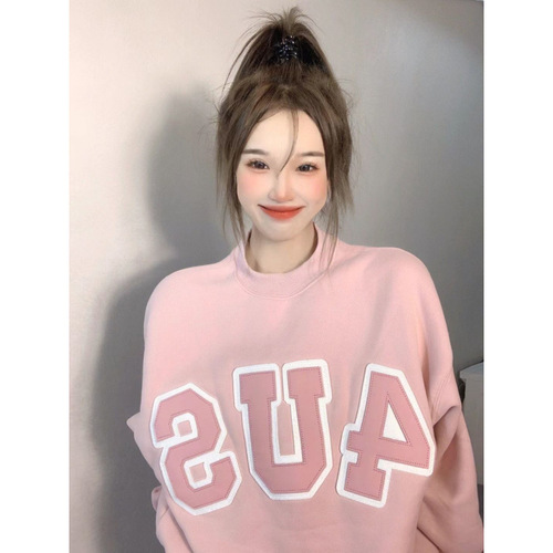 American Retro Style 4US Fleece Lined Thick Sweatshirt with Letter Print Personalized Sweet & Salty Colorway Loose Round Neck Sweatshirt for Women