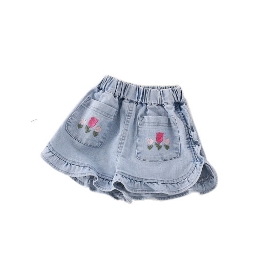 Baby Girl Summer Casual Outwear Matching Soft Denim Short Pants Summer Korean Version New Flower Bud Elastic Denim Shorts