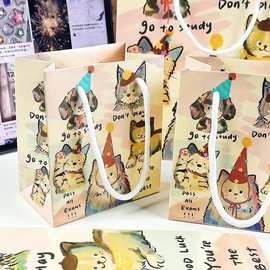 高颜值复古手绘风油画猫咪礼品袋ins收纳袋卡纸生日礼物手拎加厚