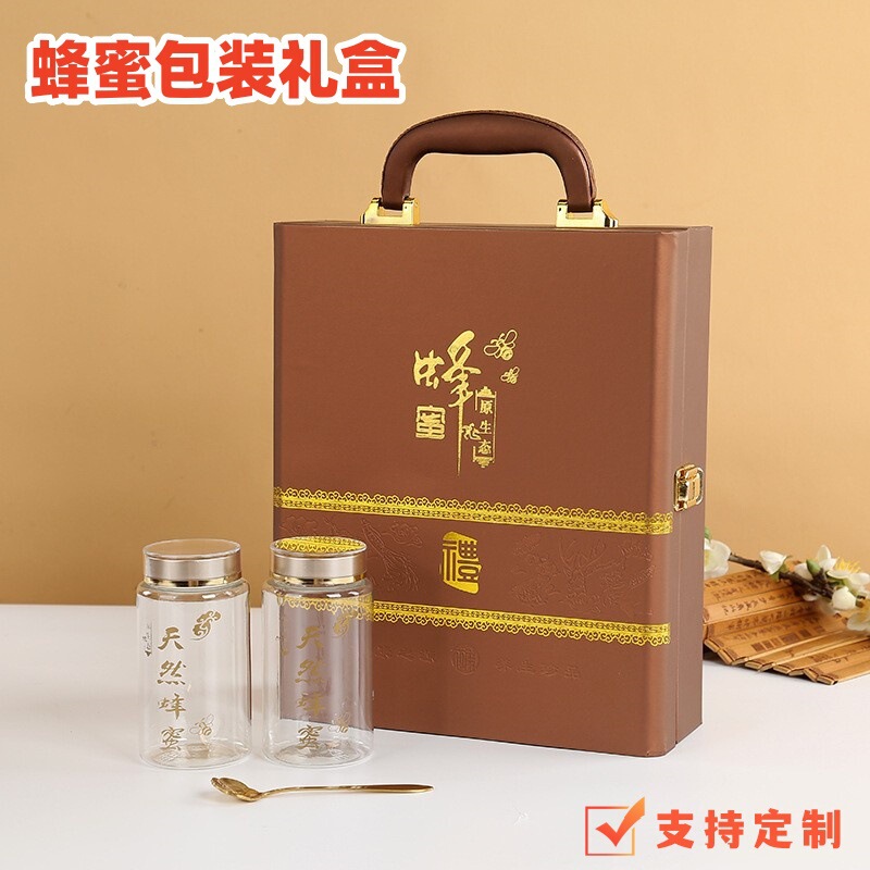 携帯用蜂蜜ギフトボックス包装、金箔押しつや消し革箱、二本入り、1.0kg種類の薬草、野生特産品、ビジネスギフトボックス|undefined