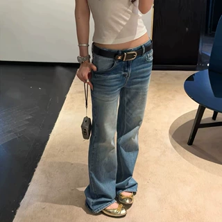 美式蕾丝裤标低腰磨白蓝色微喇牛仔裤女2026夏新款薄款休闲牛仔裤