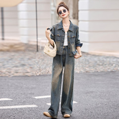 韩版时尚牛仔套装女2025秋季新款复古减龄显瘦阔腿裤欧若风两件套