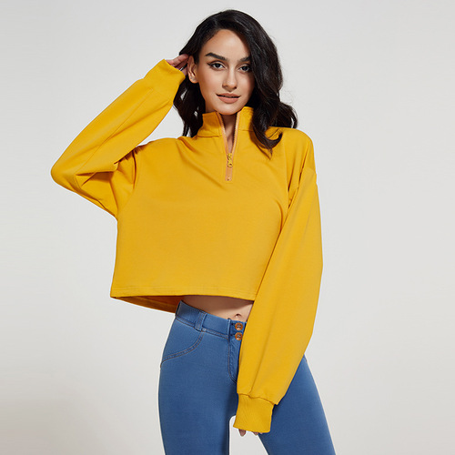  European and American new model stand collar fitness sports sweatshirt for women loose zipper drawstring long sleeve yoga wear top T-shirt