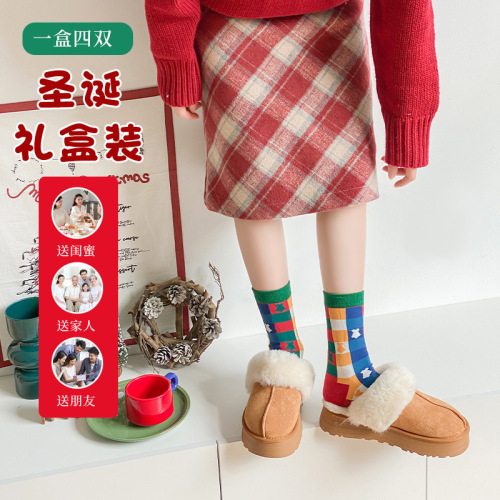 Christmas socks women's mid-calf socks 4 pairs in gift box for Christmas gifts cartoon long socks cross-border foreign trade wholesale