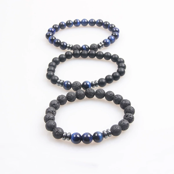 A set of blue tiger stone + black stone + volcanic stone bracelet