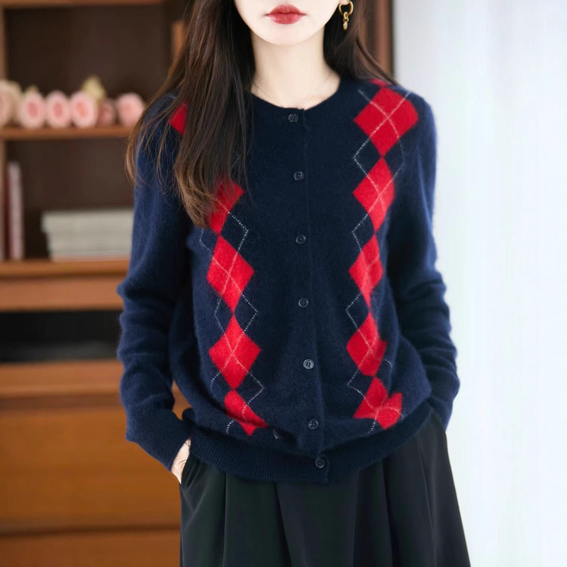 100 Wool Cardigan Women's 25 Autumn and Winter New Korean Style Sweater Rhombus Plaid Round Neck Soft Waxy Jacquard Short Jacket Top