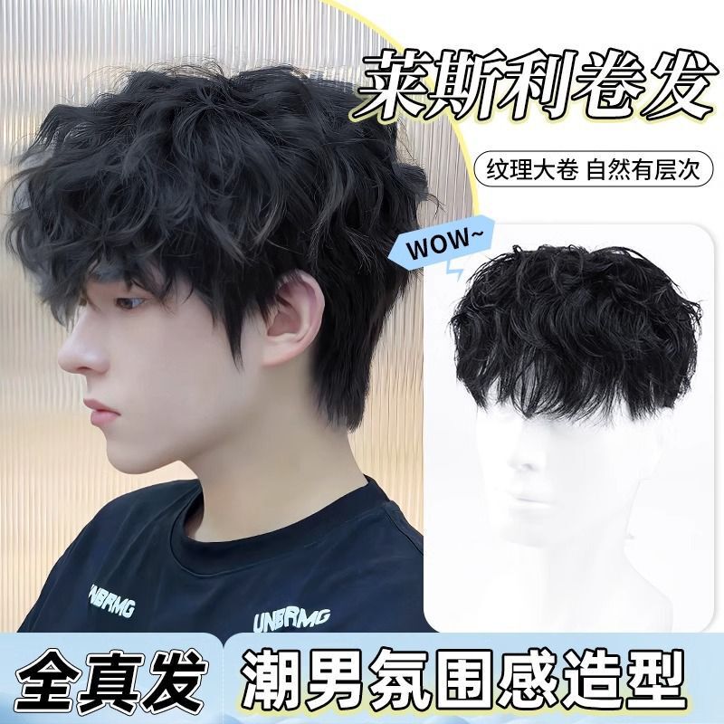 Men's Short Wig Made of Real Human Hair, Permed Leslie Curls, Breathable and Fluffy Curly Wig, Men's Hairpiece for the Top of the Head Men's Short Wig Made of Real Human Hair, Permed Leslie Curls, Breathable and Fluffy Curly Wig, Men's Hairpiece for the Top of the Head