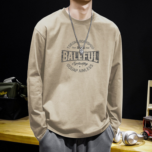 New Autumn Trend Men's Long-Sleeve T-Shirt for Youth, Pure Cotton Crew Neck, Loose Fit, Large Size, Streetwear Long Sleeve