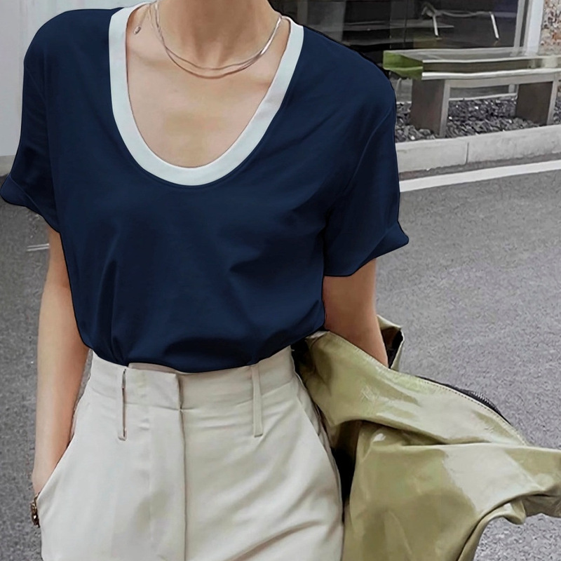 Color-Blocked U-Neck Short-Sleeve T-Shirt for Women, New Style with Large Neckline, Casual Loose Fit, Summer Unique and Distinctive Top