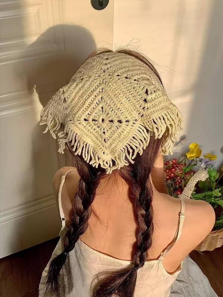 Pañuelo de punto de estilo pastoral beige, bufanda triangular, mujer, Baotou, playa francesa, linda diadema, tocado 2024 nuevo