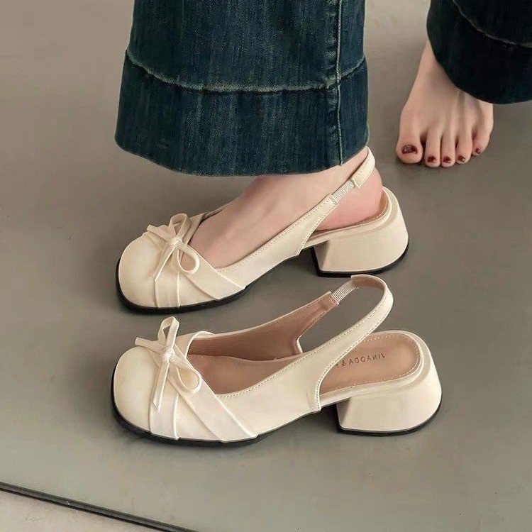 Fashion Casual Closed-Toe Backless Sandals for Women 2025 Summer New French Fairy Bow Retro Mary Jane Shoes