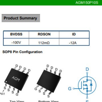 芯控源AGM150P10S    P管100V  内阻112mR  电流12A  封装SOP8