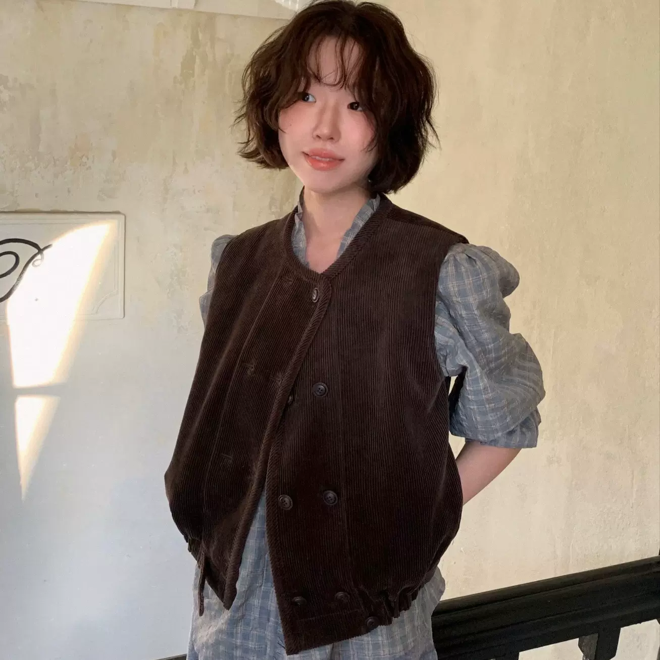 【现货】复古英伦风灯芯绒马甲韩国设计格纹内衬双排扣正肩女背心