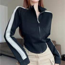 ins纯欲性感短款拉链鱼鳞三条杠外套女立领开衫辣妹上衣外套女潮