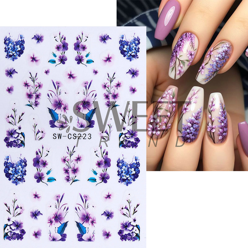 Ventas transfronterizas de pegatinas de uñas al por mayor primavera y verano nuevas flores secas de acuarela flor de lavanda pegatinas de uñas 3D