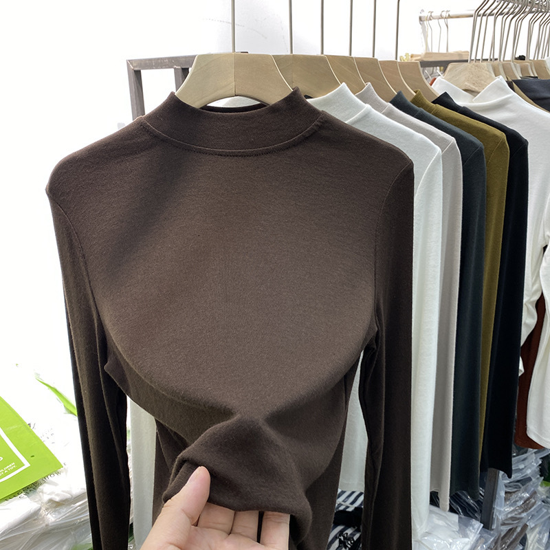 磨毛正肩打底衫女杏色长袖T恤内搭秋冬加绒修身显瘦上衣百搭款