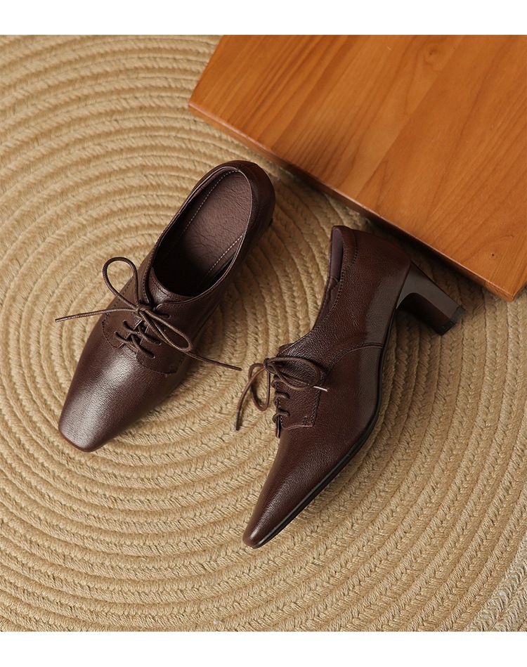 Giày da nữ đầu vuông gót thô buộc dây kiểu Anh — Màu nâu chi tiết 15