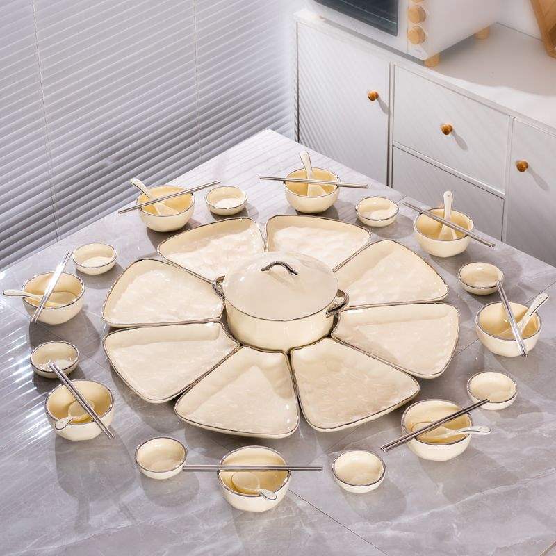Cream-Style Reunion Tableware Round Table Platter Combination Household Rice Bowls and Dishes New Year's Eve Dinner New Year Party Dishes Set