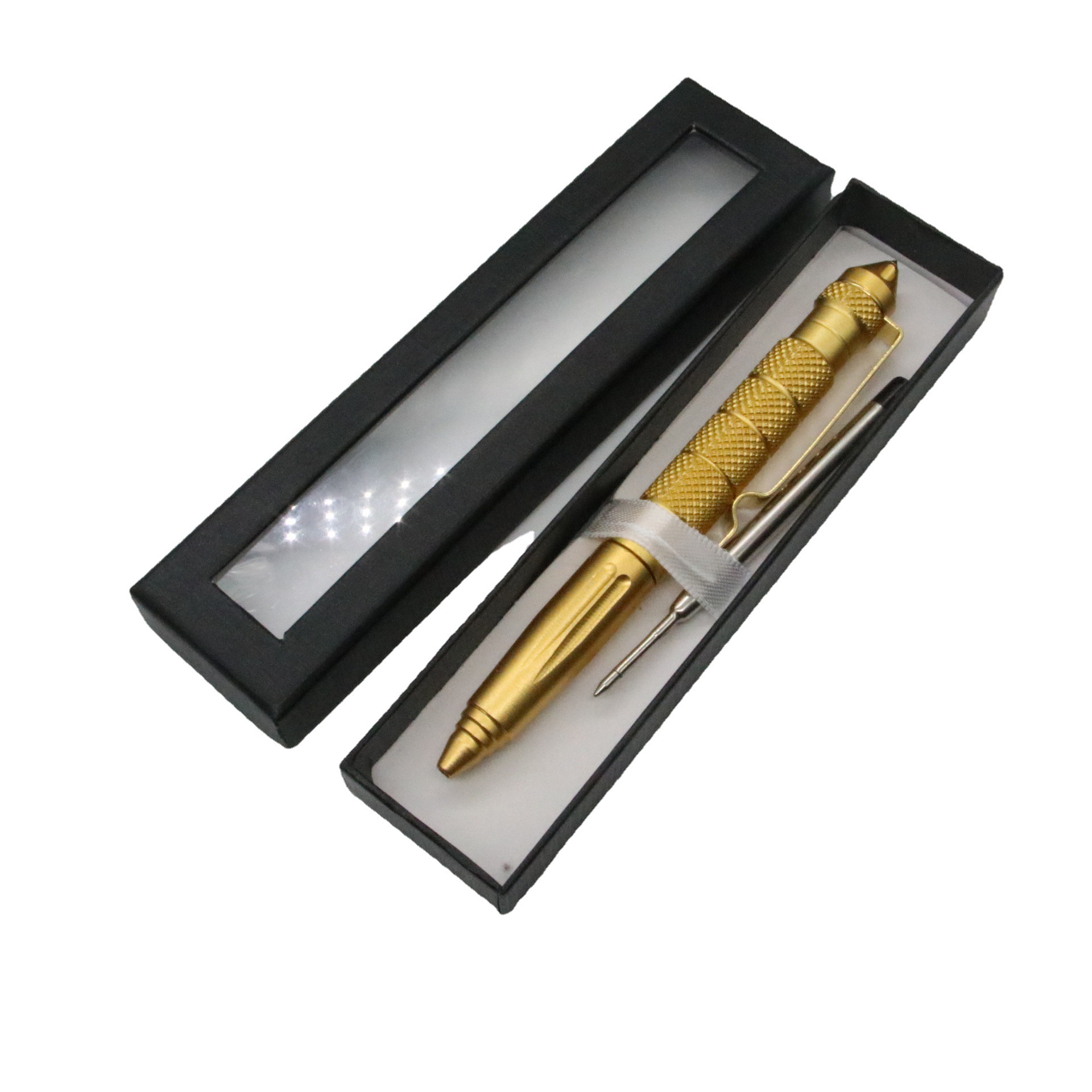 Pluma de autodefensa pluma de escape pluma de autodefensa bolígrafo pluma de metal logotipo láser en caja + 1 recarga de acero