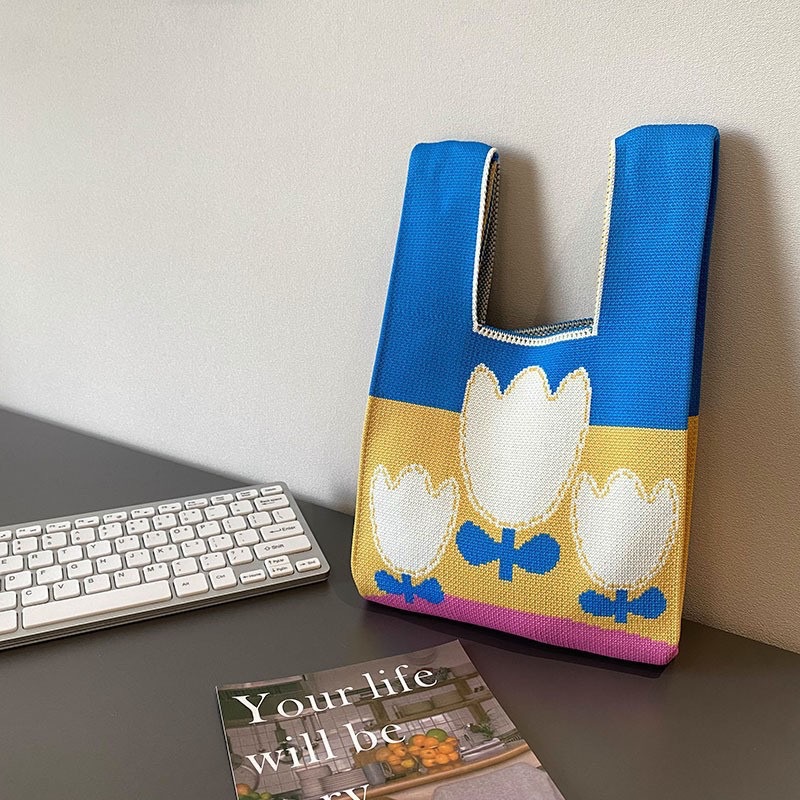 INS bolso de celebridad de Internet bolso de cubo de lana de punto para mujer bolso de mano casual bolso de mano de estilo japonés y coreano bolsa de Almuerzo