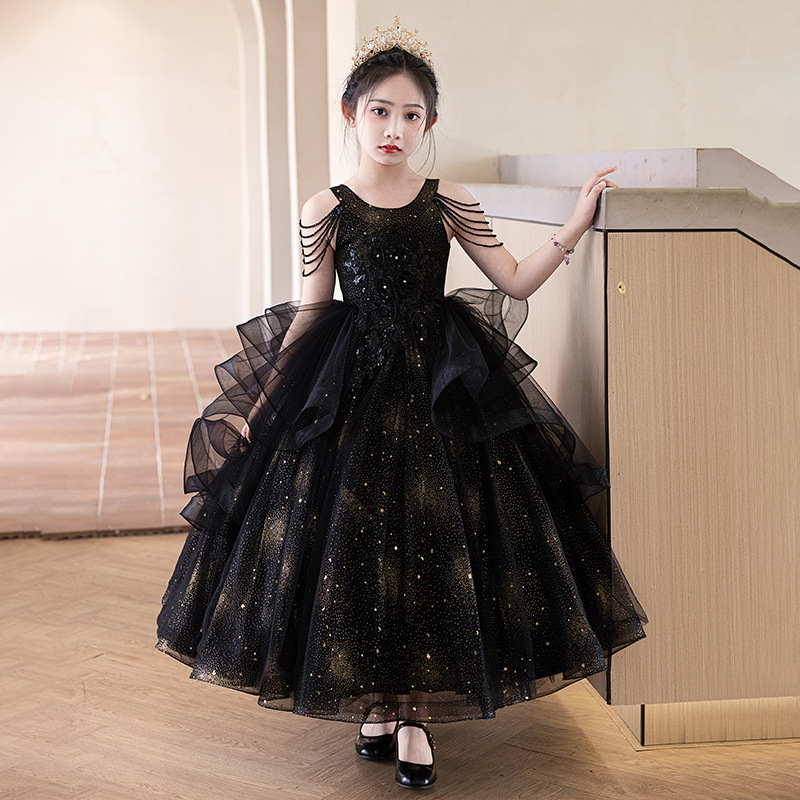 Vestido de niña, temperamento de alta gama, pasarela, interpretación de piano, actuación del día del niño, hilo esponjoso nuevo 2025