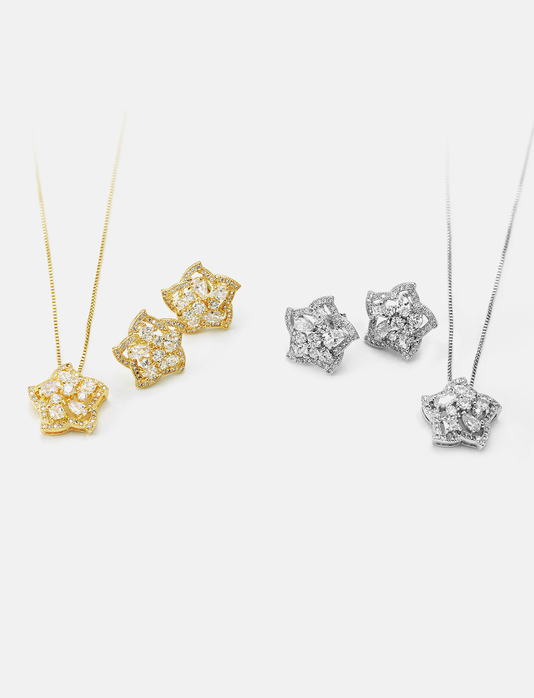 9g Weight Zircon Inlay Material Wedding, Travel Occasion Copper Material Pentagram Pattern Women'S Gender Simple Style Style White Color Fashion Five-pointed Star Pendant Earrings Necklace Set 8