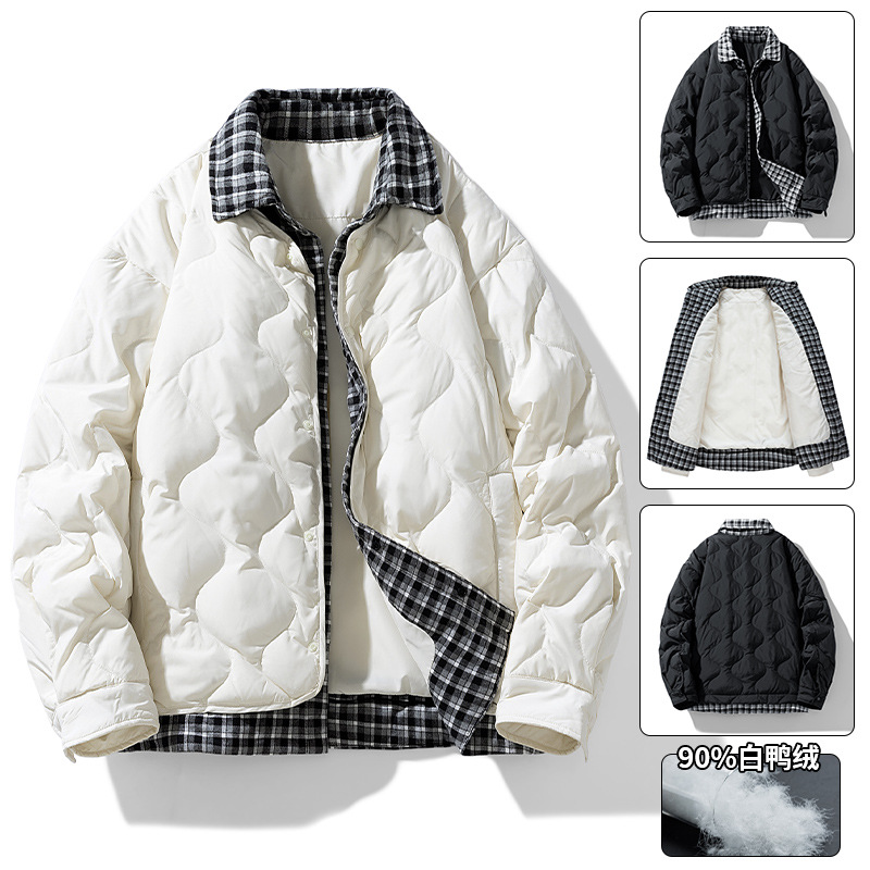 Trajes de invierno transfronterizos falsos de dos piezas de camisa ligera tipo chaqueta de plumón para hombres 2025 invierno chaqueta blanca suelta grande