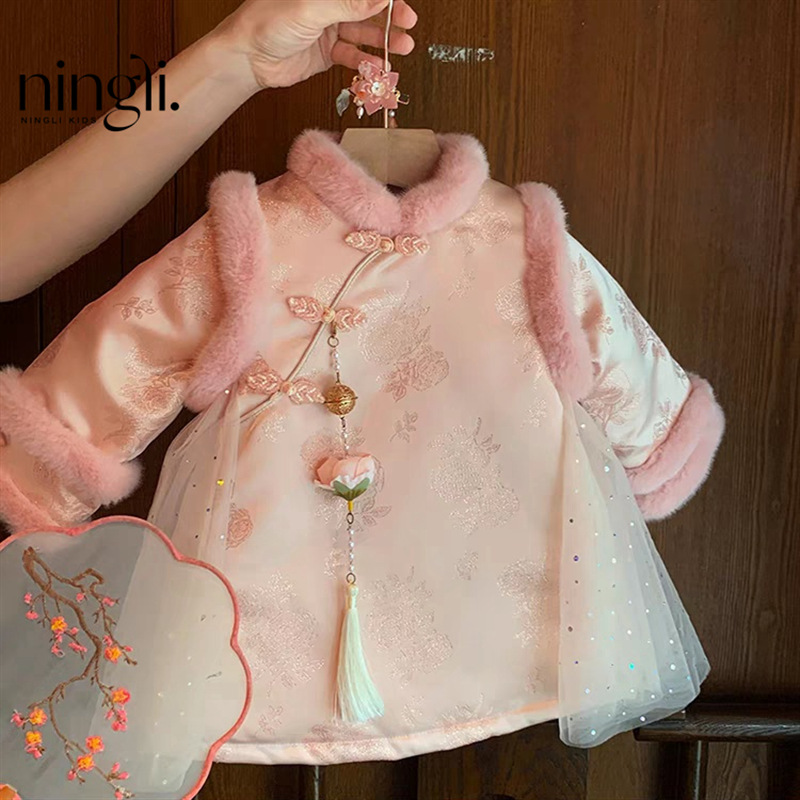 柠里女童旗袍裙冬装拜年衣服公主宝宝周岁礼服儿童冬季中国风汉服