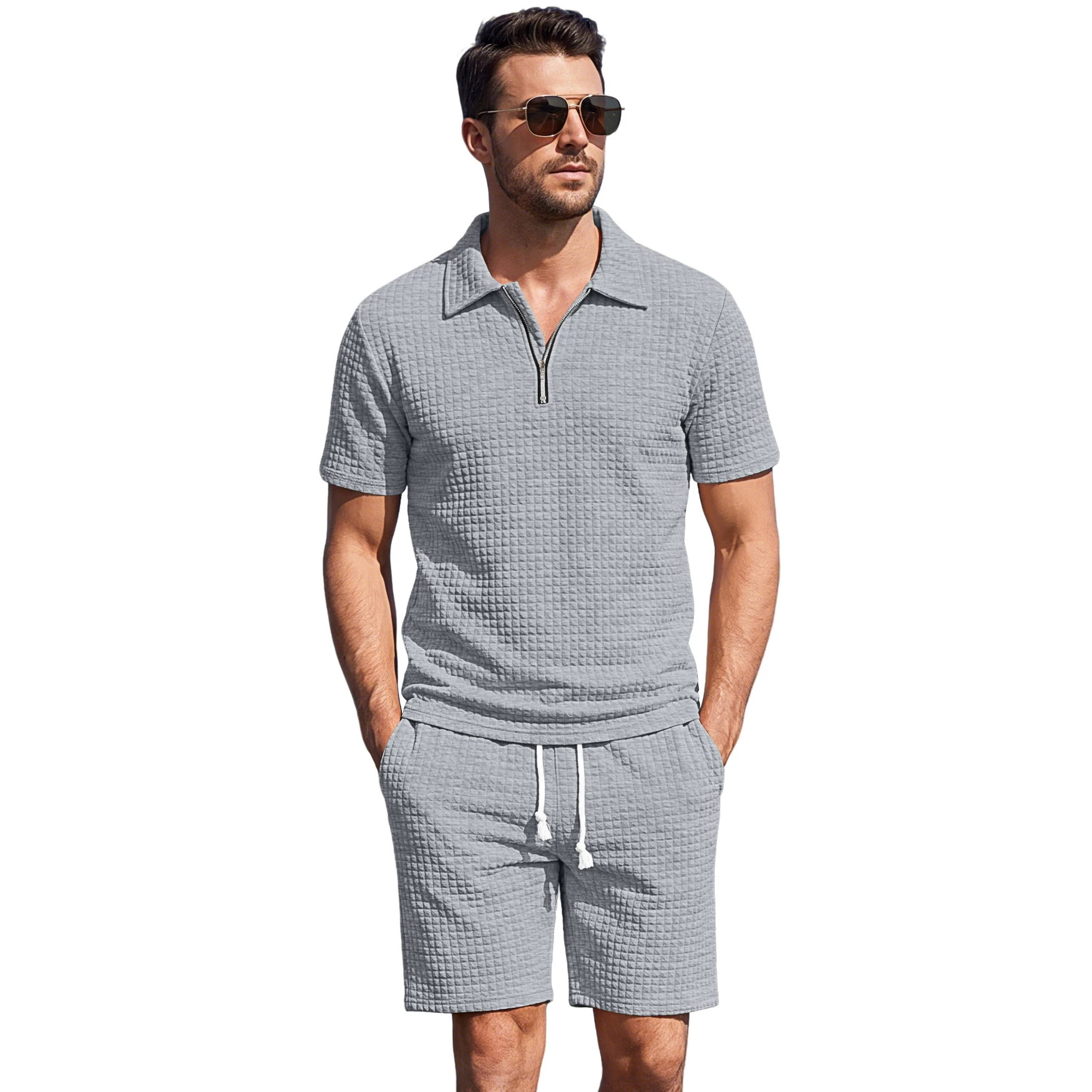 Transfronterizos Amazon verano nuevo hombre pequeño cuadrícula polo camisa de manga corta pantalones cortos trajes deportivos casuales