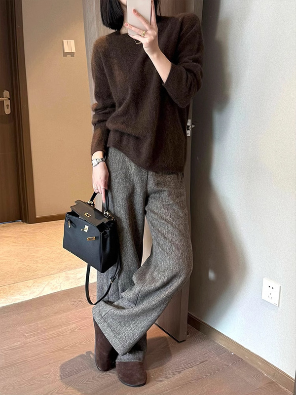 CHAO级推荐！灰色羊毛呢阔腿裤女秋冬保暖呢子裤柔软磨毛羊绒长裤|undefined