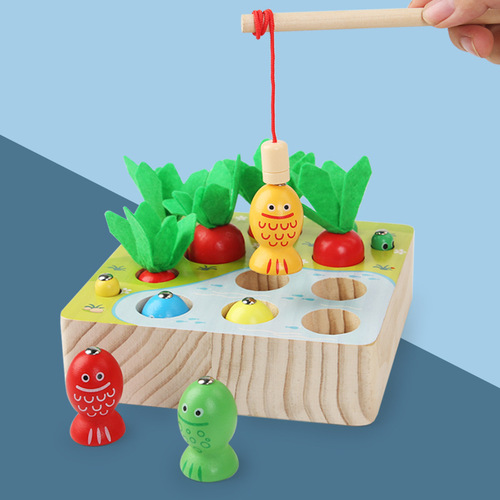 Wooden children's magnetic fun fishing, pulling radish and catching insects game early education hand-eye coordination hands-on educational toys