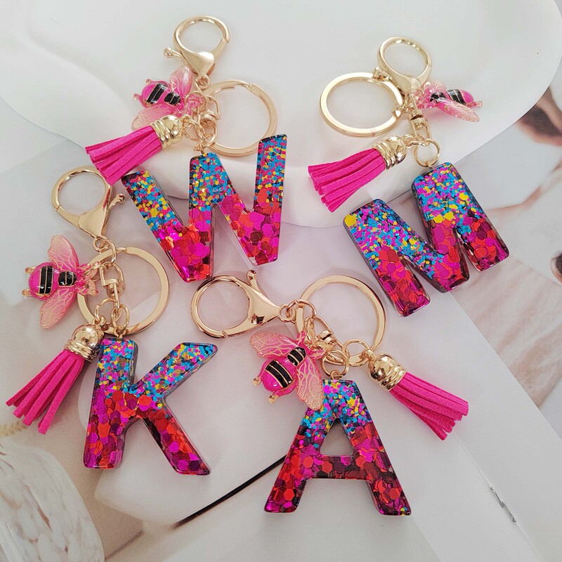 New red English letter key chain pendant love crystal glue sequins resin bee key chain pendant