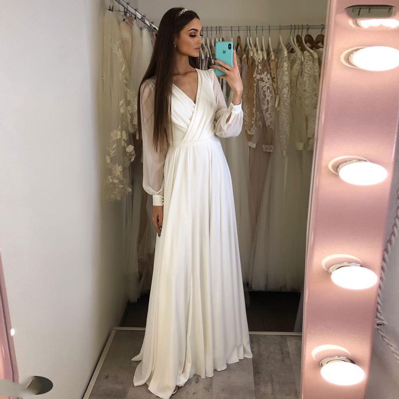El Comercio exterior europeo y americano Amazon AliExpress deseo elegante vestido de novia ligero con cuello en V gasa dividida manga larga simple vestido largo image 1