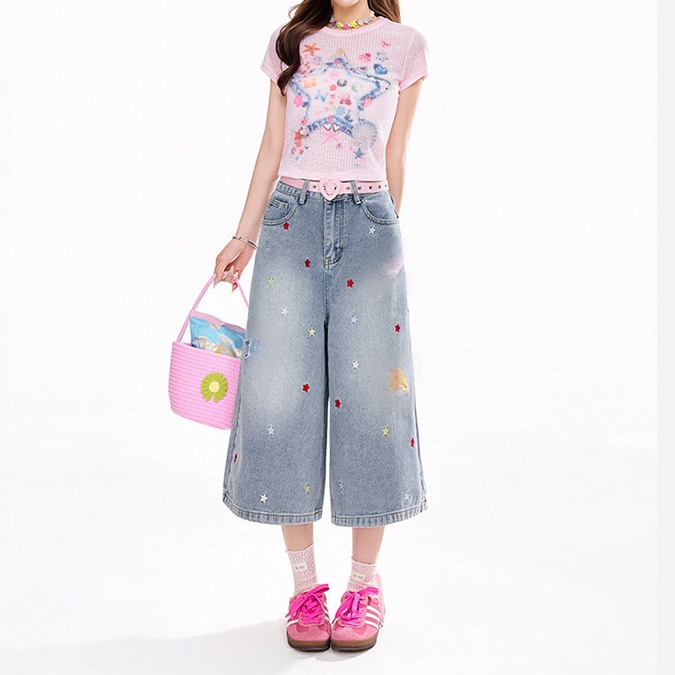 Star Patch Straight-Leg Cropped Jeans for Women, Loose Wide-Leg Pants for Petite Women, Summer Shorts for Women
