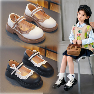 Girls' Princess Shoes Summer Soft-soled Children's Small Leather Shoes with Dress Performance Bow Black Fashion Non-slip Single-layer Shoes